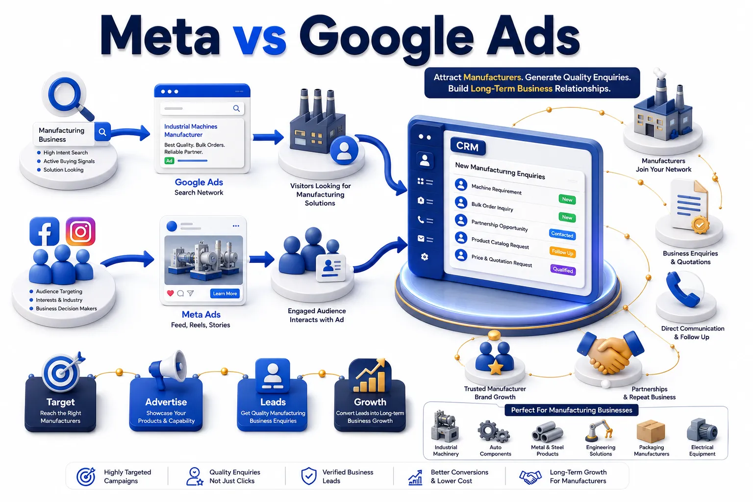 3D comparison showing Meta Ads and Google Ads lead generation journey for manufacturers.