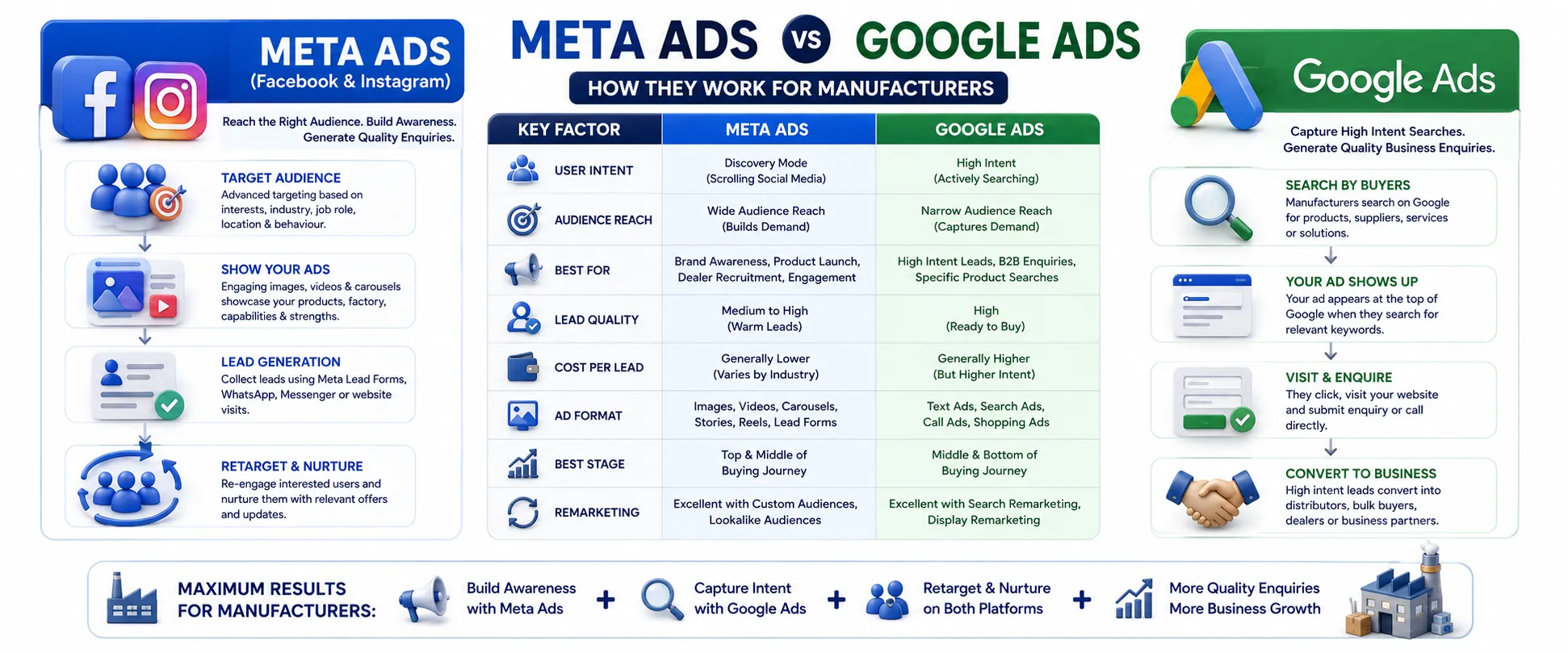 3D comparison showing Meta Ads and Google Ads lead generation journey for manufacturers.