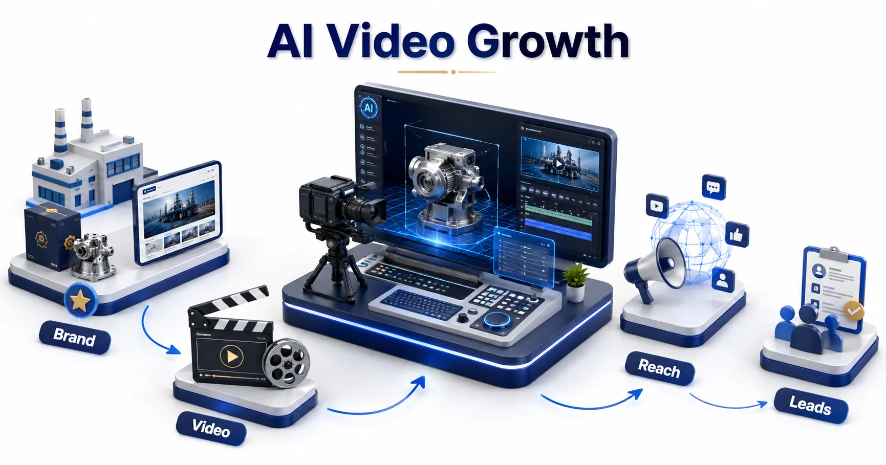 3D infographic showing AI video production workflow for manufacturing companies in Gujarat.
