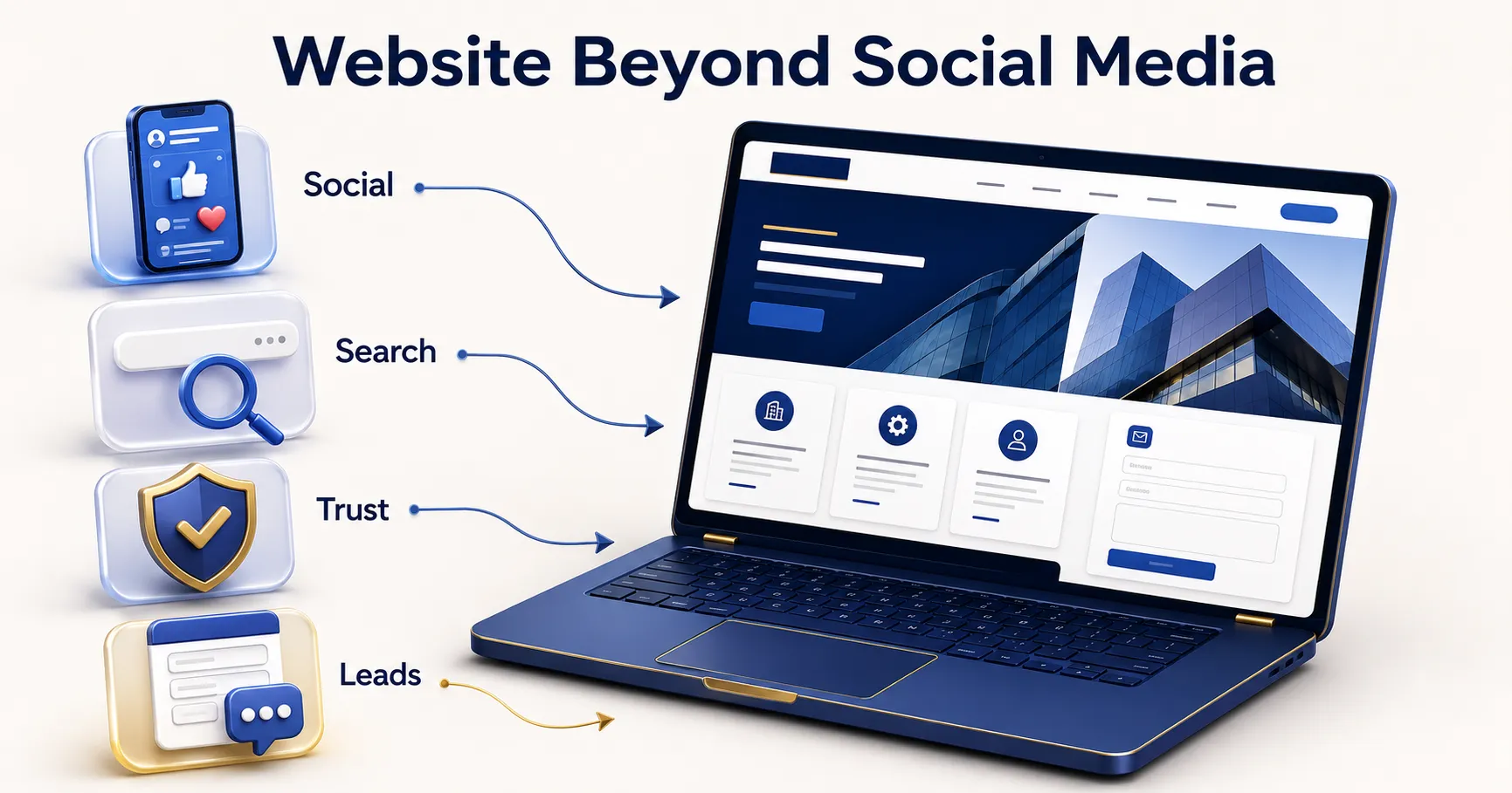 3D website journey showing social media, search visibility, trust and lead generation for a Rajkot business
